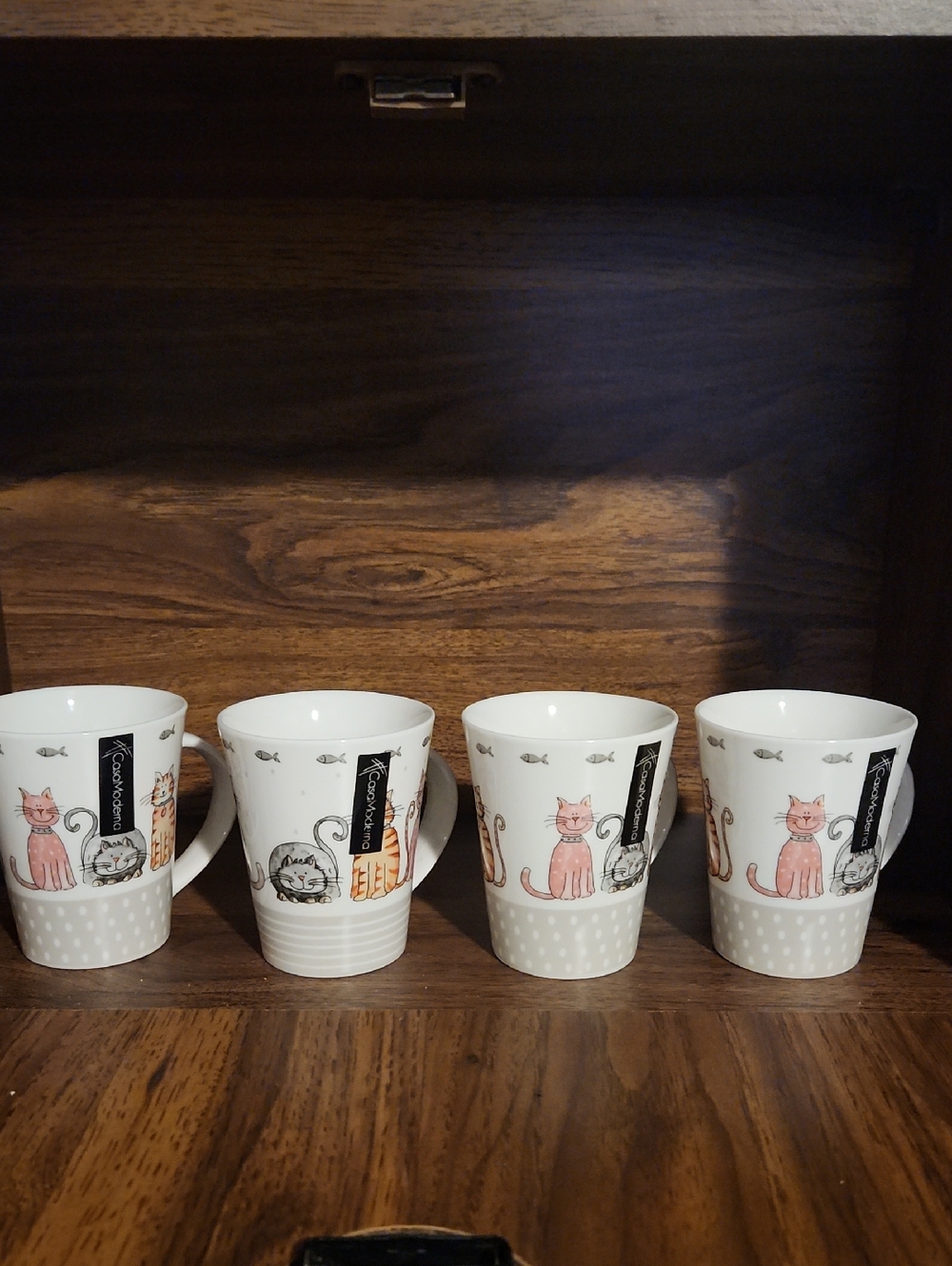 Cat Pattern Ceramic Mugs - Set of 4 (White/Pink)